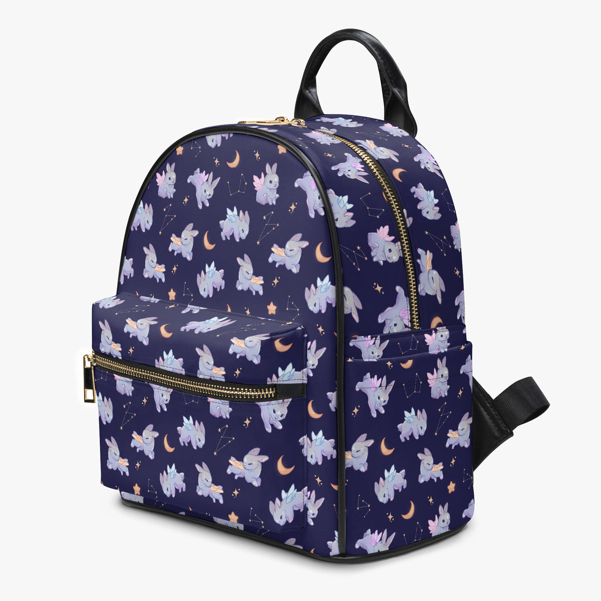 A dark purple mini leather backpack decorated in constellations, stars, moons and adorable whimsical bunnies