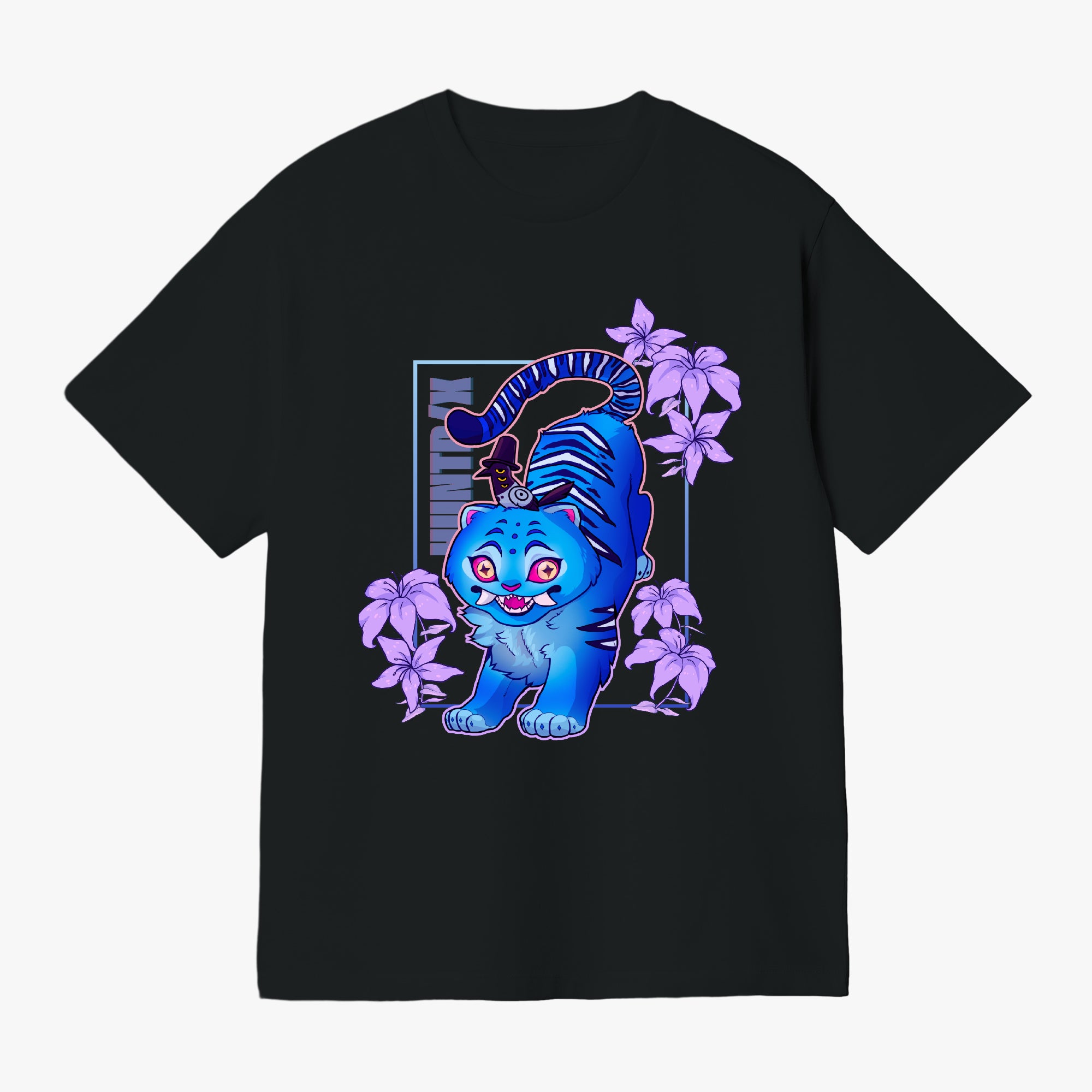 Kpop Demon Hunters Derpy Tiger T-shirt in a soft cotton blend, featuring neon colors and purple lilacs, available in white or black.
