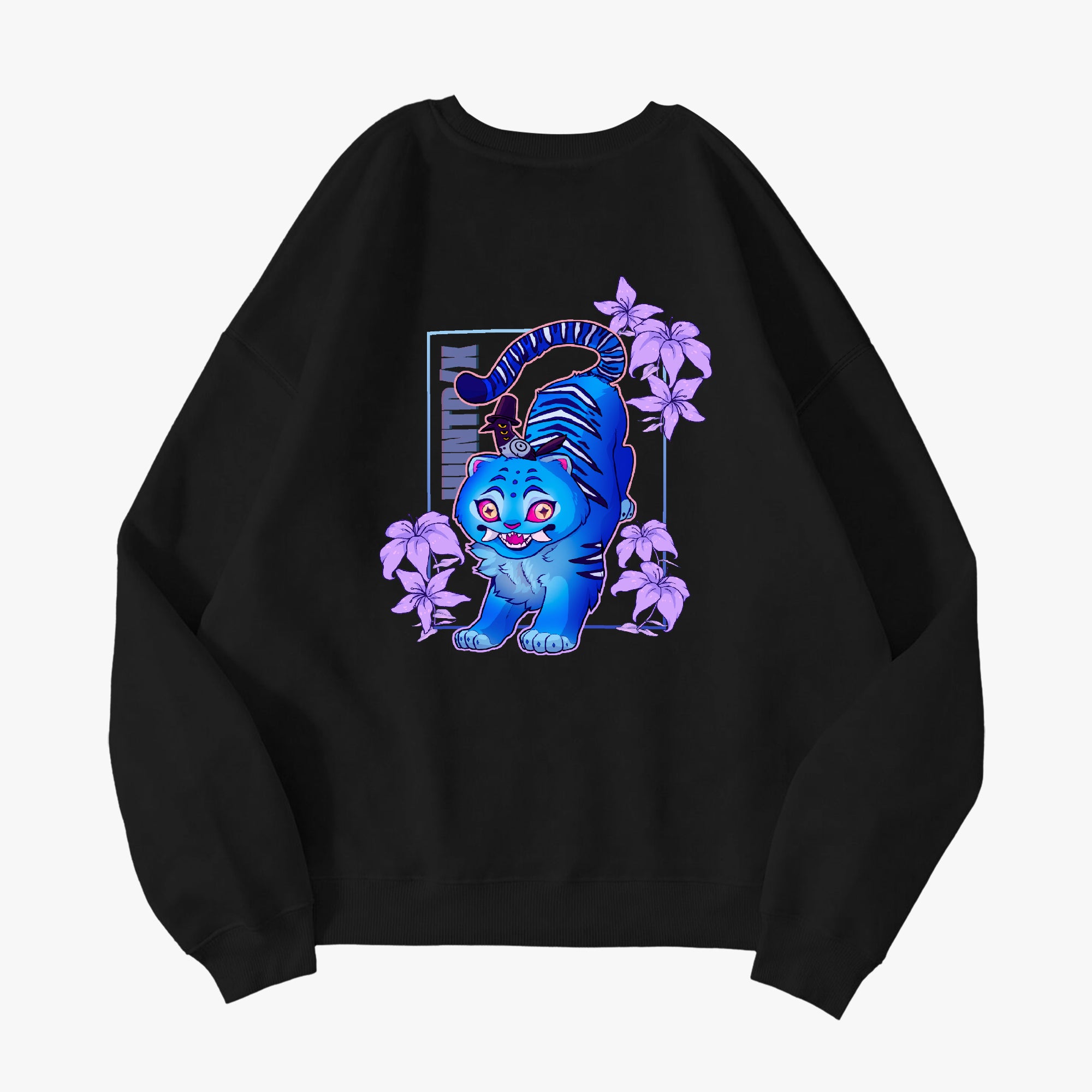 The back of a Kpop Demon Hunters Derpy Tiger crewneck sweatshirt in a soft cotton blend, featuring neon colors and purple lilacs, available in a variety of colors.