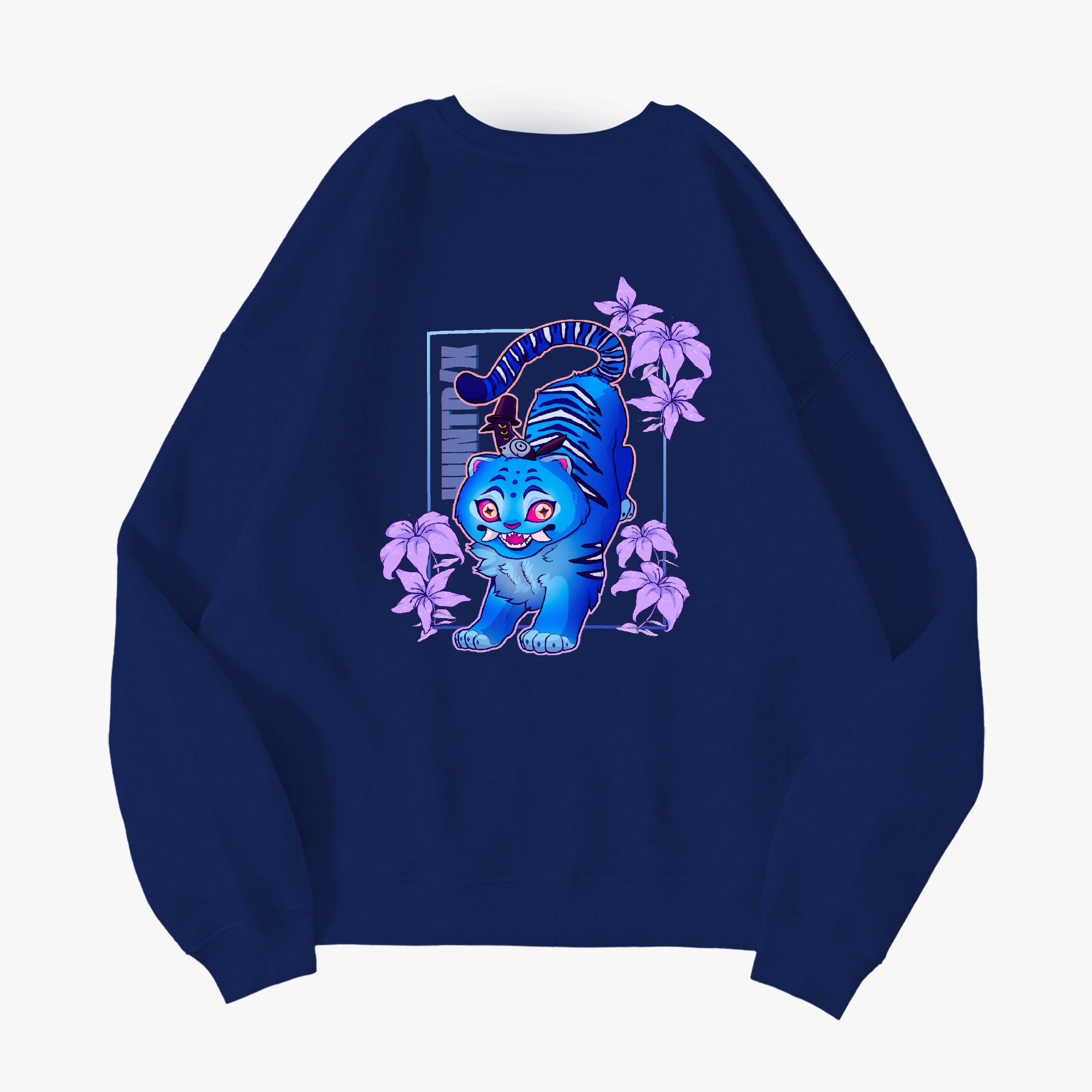 The back of a Kpop Demon Hunters Derpy Tiger crewneck sweatshirt in a soft cotton blend, featuring neon colors and purple lilacs, available in a variety of colors.