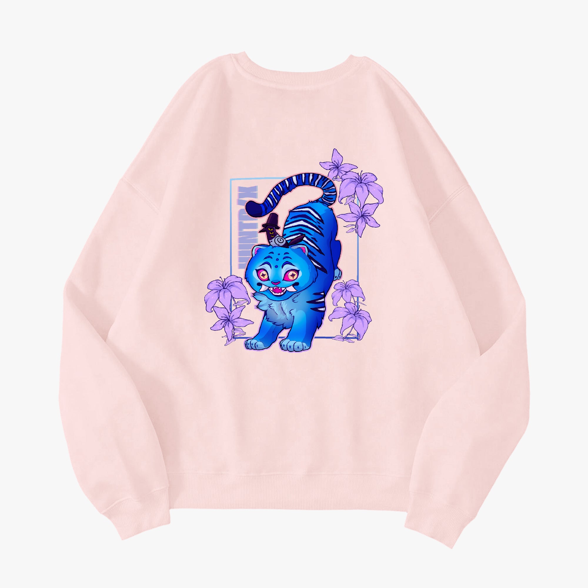 The back of a Kpop Demon Hunters Derpy Tiger crewneck sweatshirt in a soft cotton blend, featuring neon colors and purple lilacs, available in a variety of colors.