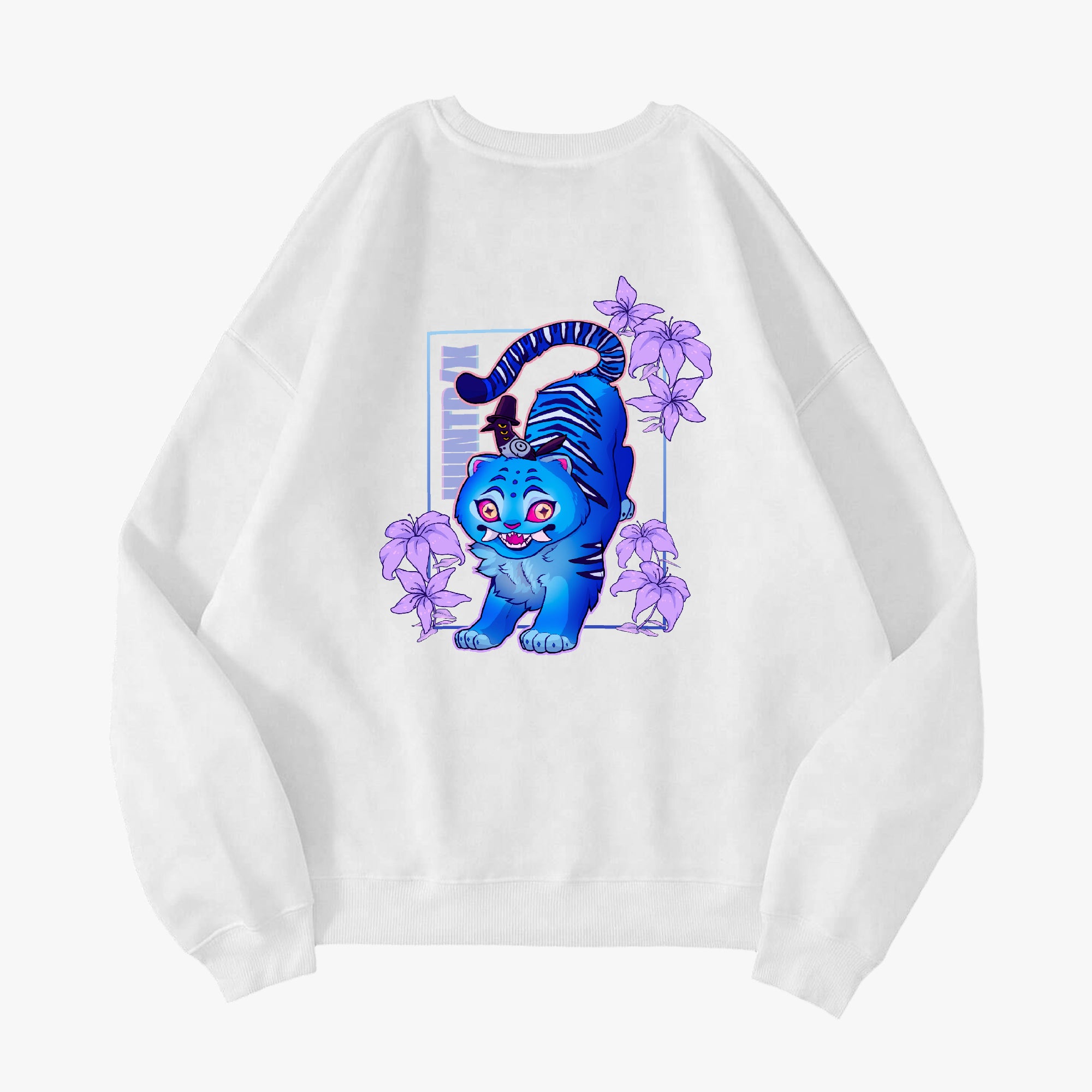 The back of a Kpop Demon Hunters Derpy Tiger crewneck sweatshirt in a soft cotton blend, featuring neon colors and purple lilacs, available in a variety of colors.