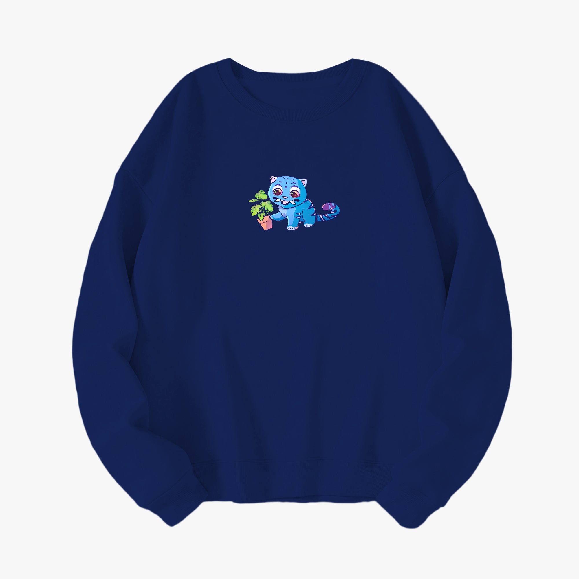 The front of a Kpop Demon Hunters Derpy Tiger crewneck sweatshirt in a soft cotton blend, featuring a chibi derpy tiger. Available in a variety of colors.