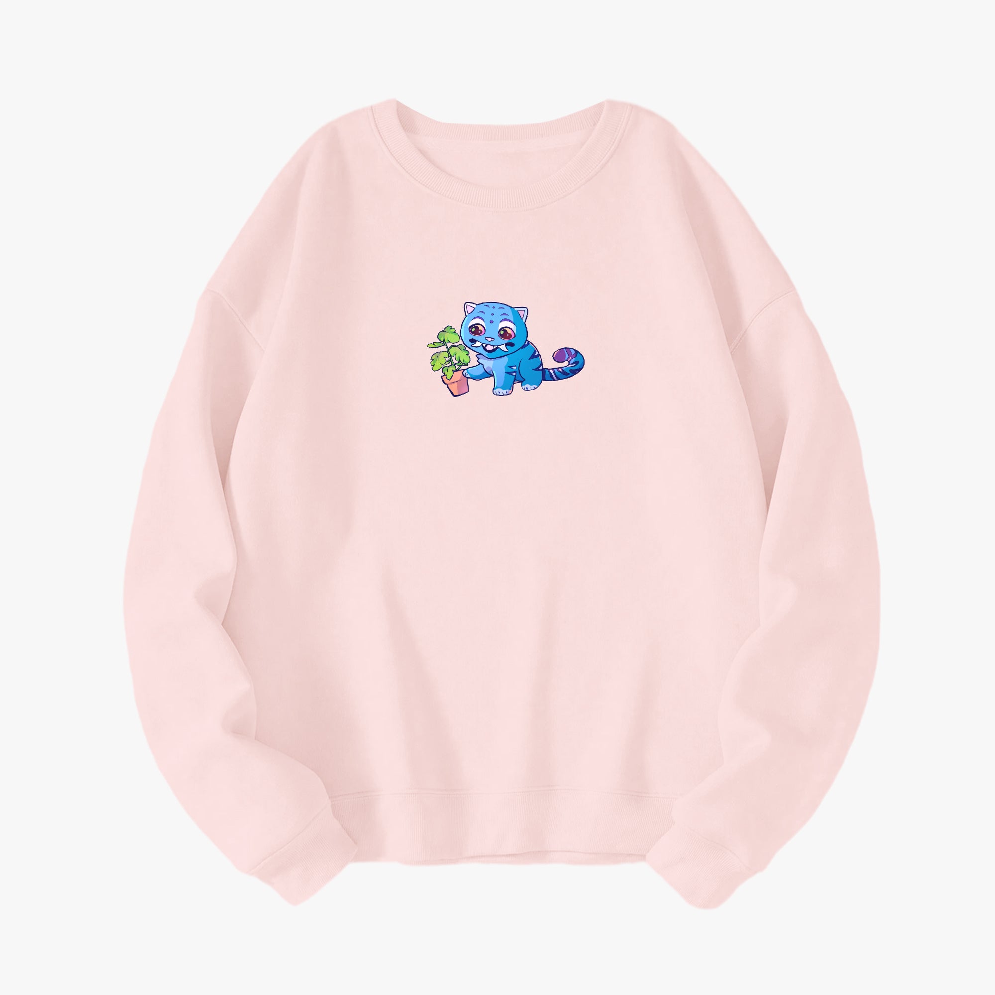 The front of a Kpop Demon Hunters Derpy Tiger crewneck sweatshirt in a soft cotton blend, featuring a chibi derpy tiger. Available in a variety of colors.