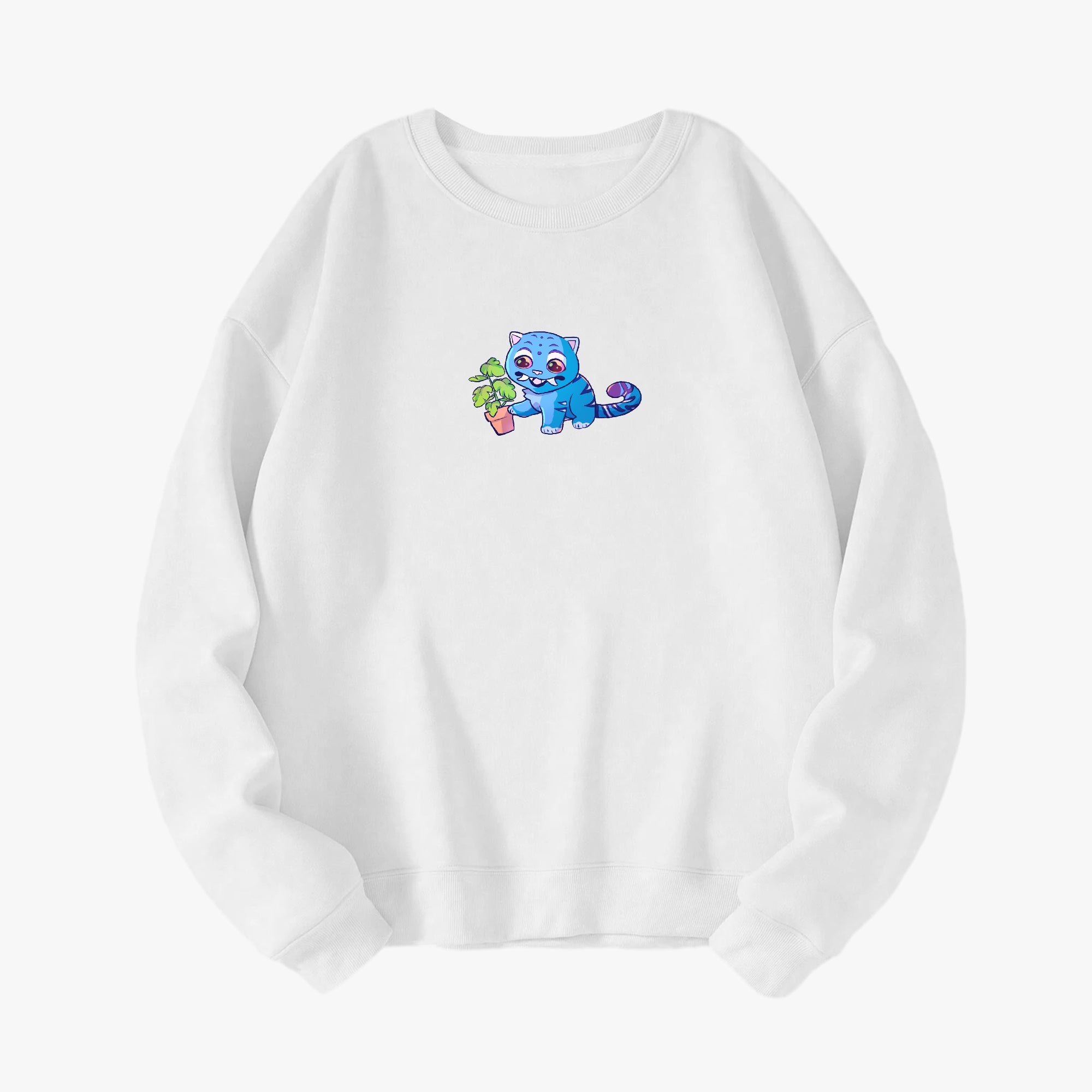 The front of a Kpop Demon Hunters Derpy Tiger crewneck sweatshirt in a soft cotton blend, featuring a chibi derpy tiger. Available in a variety of colors.