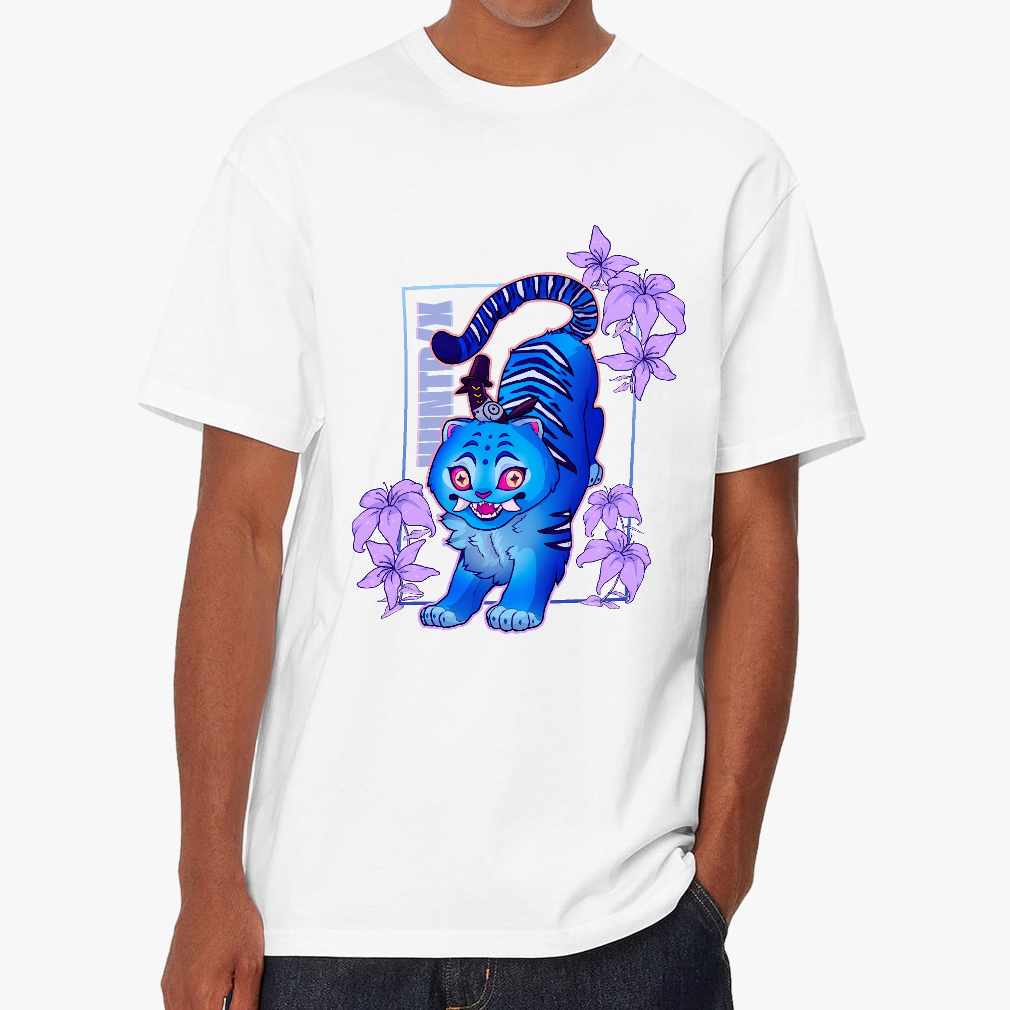A model wearing a Kpop Demon Hunters Derpy Tiger T-shirt in a soft cotton blend, featuring neon colors and purple lilacs, available in white or black.