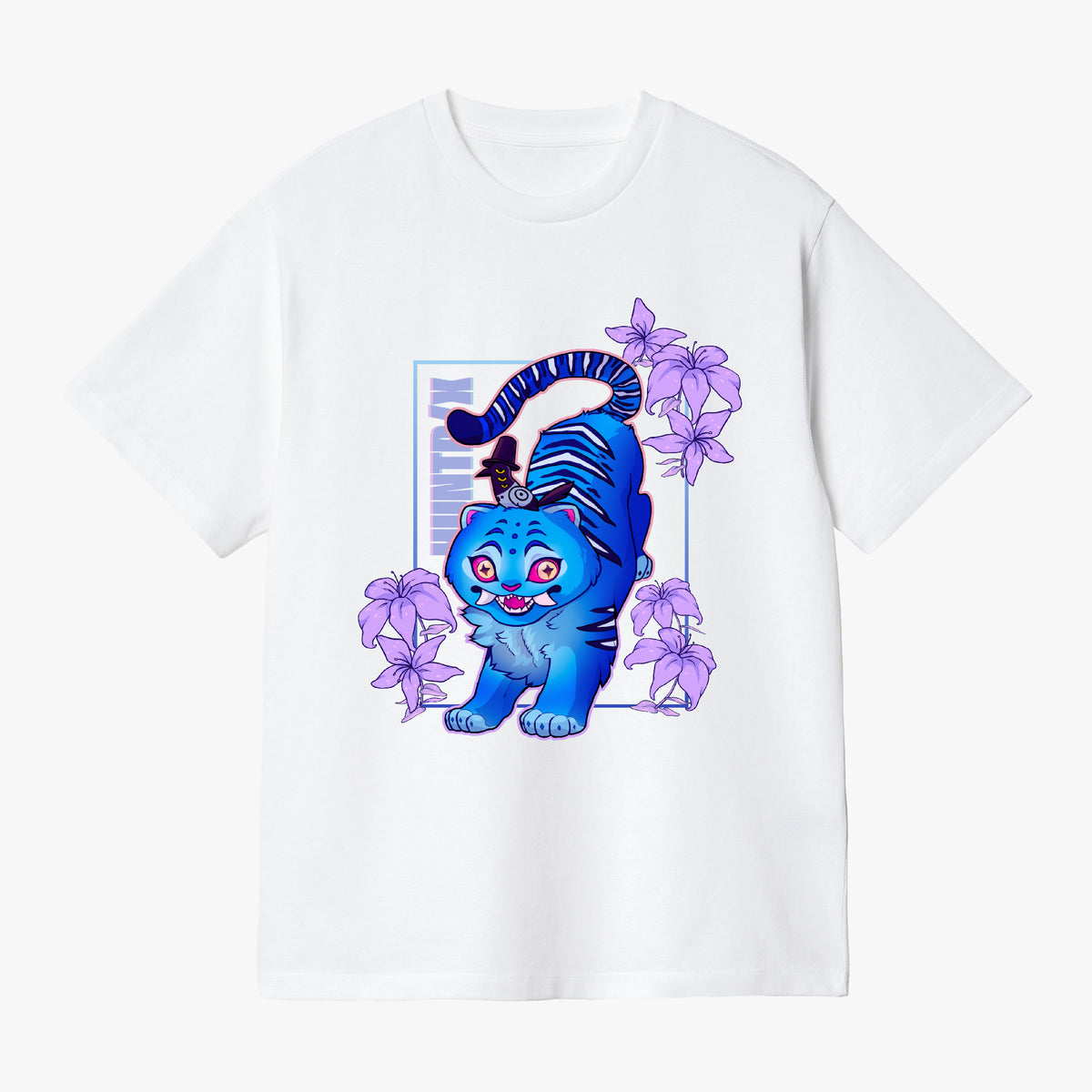Kpop Demon Hunters Derpy Tiger T-shirt in a soft cotton blend, featuring neon colors and purple lilacs, available in white or black.