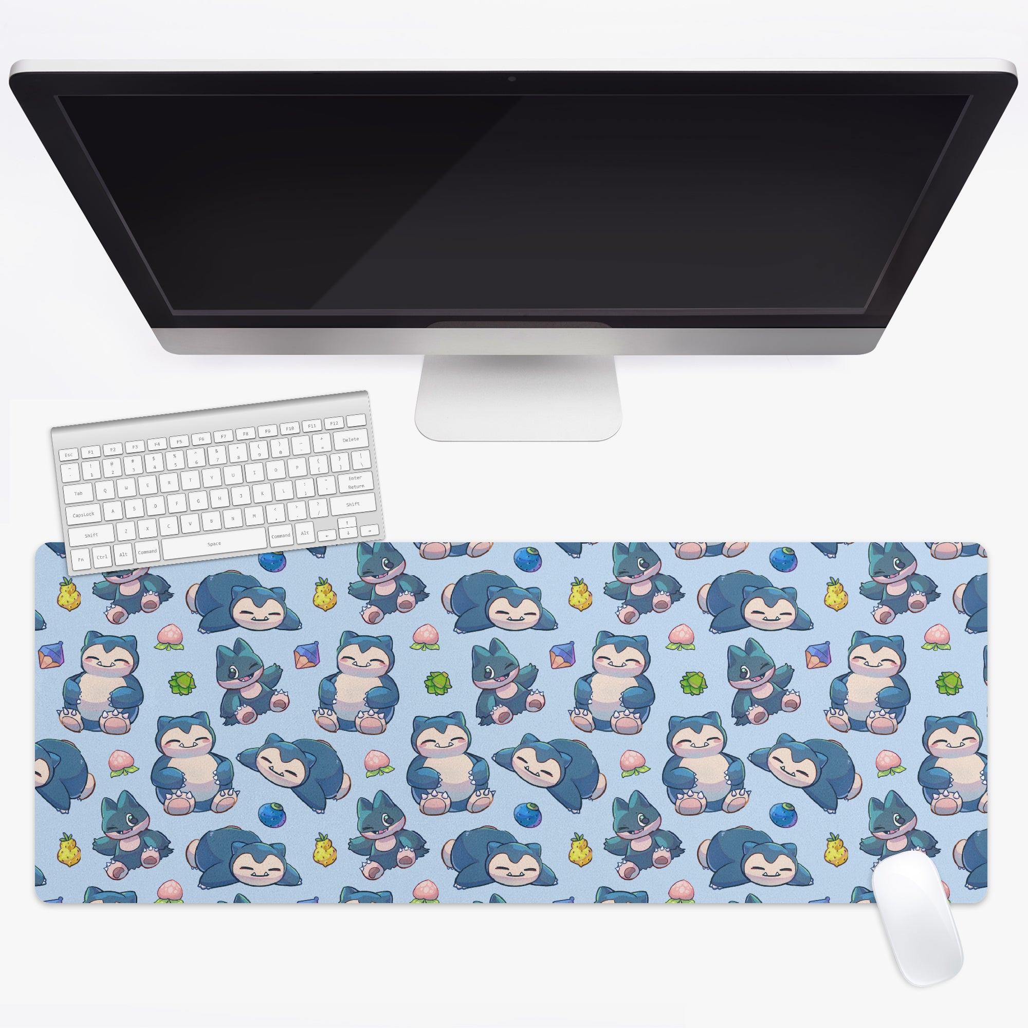 A large, light blue Snorlax and Munchlax Pokémon-themed gaming desk mat for gaming and everyday office use. 
